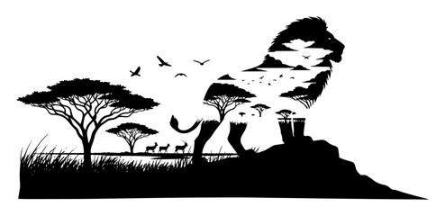 lion silhouette with african sunset landscape