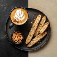 Coffee with almond snacks and biscotti on a black plate  