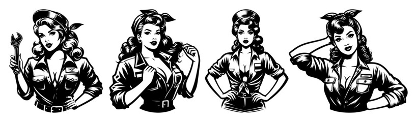 retro pin up female mechanics in work uniform