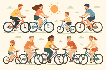 People riding bicycles vector set. Diverse multi-generational group of characters cycling. Family and friends enjoying a sunny summer day. Healthy outdoor active lifestyle concept.
