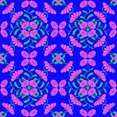 seamless floral pattern,draw curves in pink,red and green with a blue background to create geometric shapes of flowers,leaves and stamens to tile and fabric patterns.