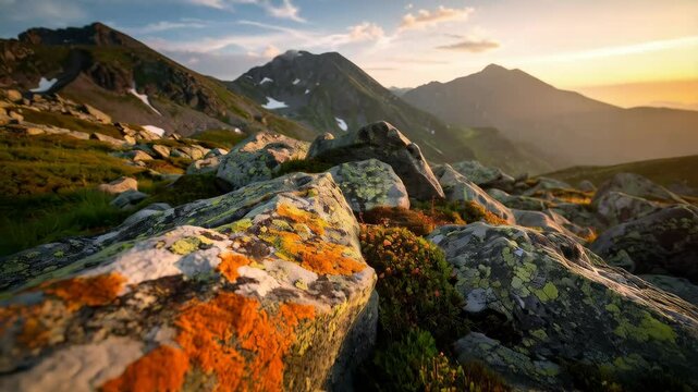 Scenic mountain range landscape with mossy rocks and snow patches at sunset, creating a peaceful and inspiring alpine atmosphere