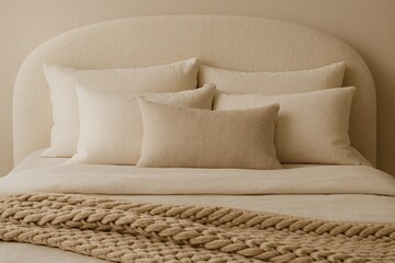 Close-Up of Boucle Bed with Layered Textures in Beige Minimalist Interior