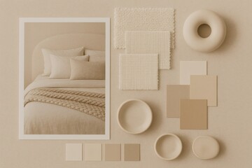 A neutral-toned flat lay featuring fabric swatches, color samples, textured ceramics, and a cozy bed with pillows and a cable-knit blanket.