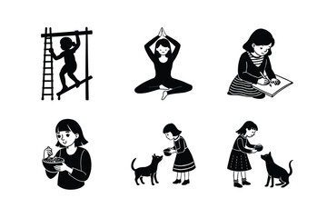Playful girl jumping rope during playtime fun Silhouette Vector illustration  