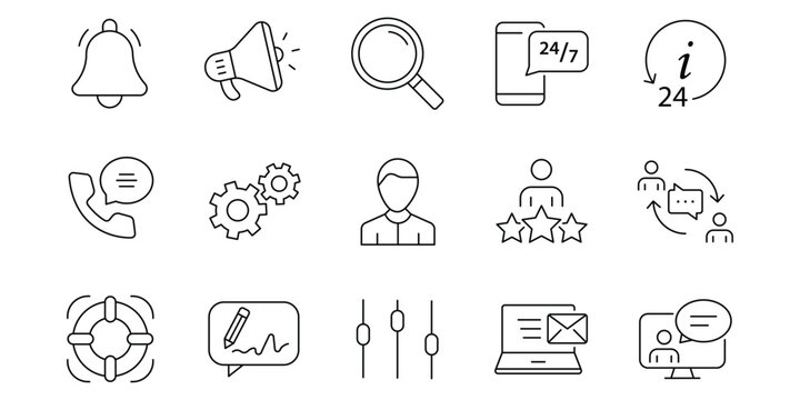 Customer service and support 15 outline icons collection. Support and service icons for web and mobile app. Online help, assistance, customer, 24 hrs, service and more. Vector illustration.