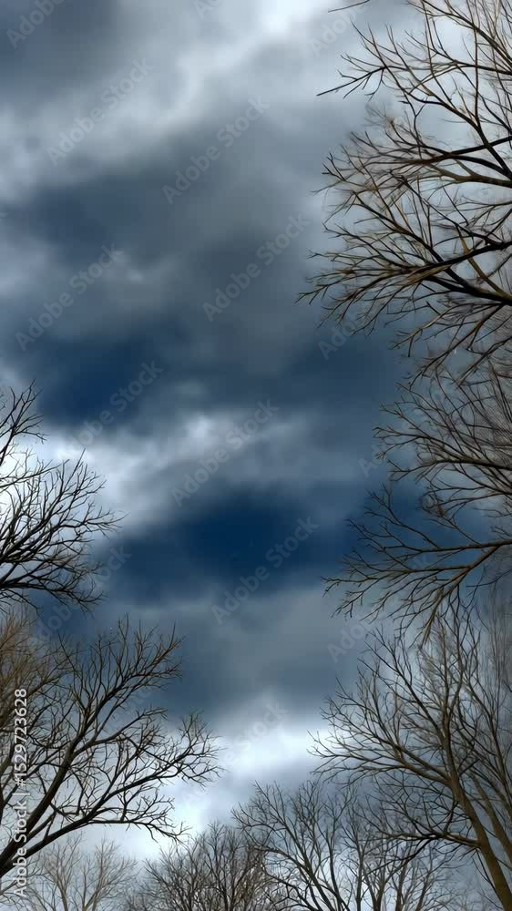 Poster dark clouds gather over a forest with bare trees during an approaching storm in late autumn