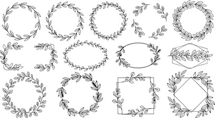Elegant collection of hand drawn botanical leaf wreaths frames and borders in black and white for design