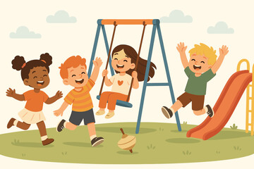 Happy diverse children playing together on a playground. Kids on swing and slide. Multicultural friendship and fun outdoor summer activity. Vector illustration for childhood concept.