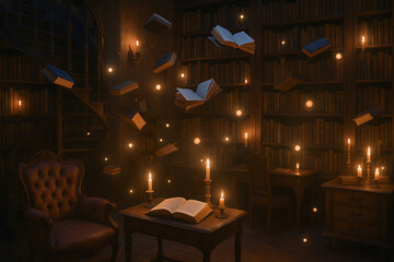 Enchanted Library with Floating Books and Candlelight in Romantic Fantasy Style