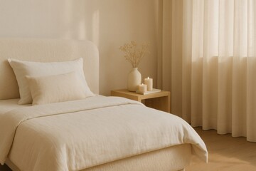 Warm Cozy Bedroom Corner with Boucle Bed and Soft Light