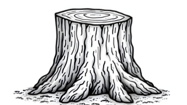 Illustrated tree trunk stump, detailed wood texture, nature element, black and white drawing