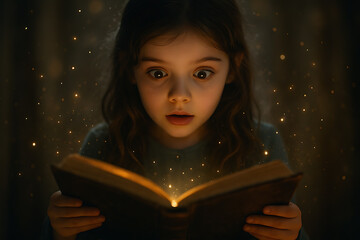 Young Girl Discovering Glowing Magical Book in Fantasy Scene