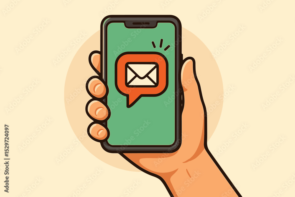 Poster hand holding smartphone with new email notification. message alert icon on mobile phone screen. comm
