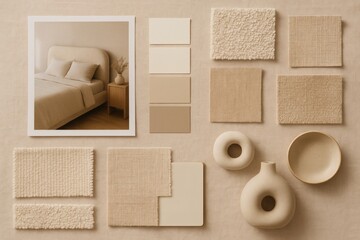 Interior Style Moodboard Featuring Boucle Bed Theme and Neutral Textures