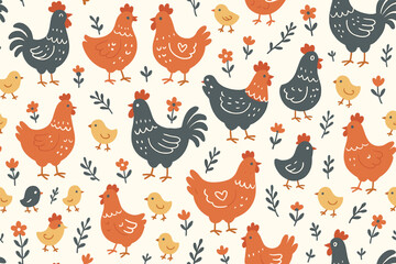 Cute chicken seamless pattern with hens, roosters, and chicks in Scandinavian folk art style. Nordic farm animal background with flowers. Rustic vector design for textile, wallpaper.