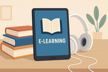Online learning concept with books, tablet and headphones on table