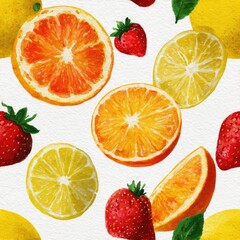 Colorful watercolor fruit pattern with oranges, strawberries, and lemons on a white background.