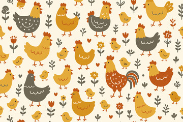 Cute chicken seamless pattern in Scandinavian folk art style. Rooster, hen, and chick background. Cartoon farm bird illustration for baby nursery, textile, fabric print, wallpaper.