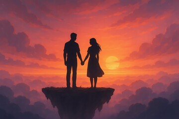 Romantic Couple Silhouette on Floating Cliff at Sunset in Fantasy World