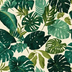 Fototapeta premium Lush tropical leaves create a vibrant, natural pattern on a light background.