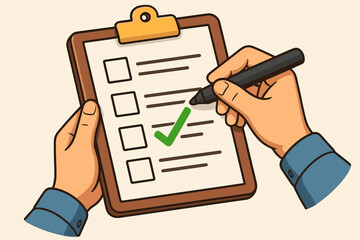 Hand holding clipboard and marking green checkmark on checklist. Business concept of task completion, to-do list, productivity, goal achievement, and successful project management.