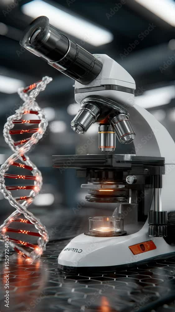 Poster exploring the world of molecular biology with a microscope showcasing dna strands and advanced techn