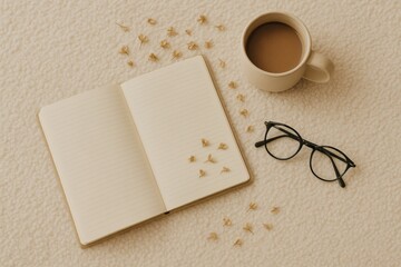 Flatlay on Cream Boucle Bed with Notebook, Coffee, and Cozy Decor