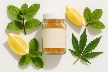 CBG Gummies Jar with Natural Ingredients on White Background
