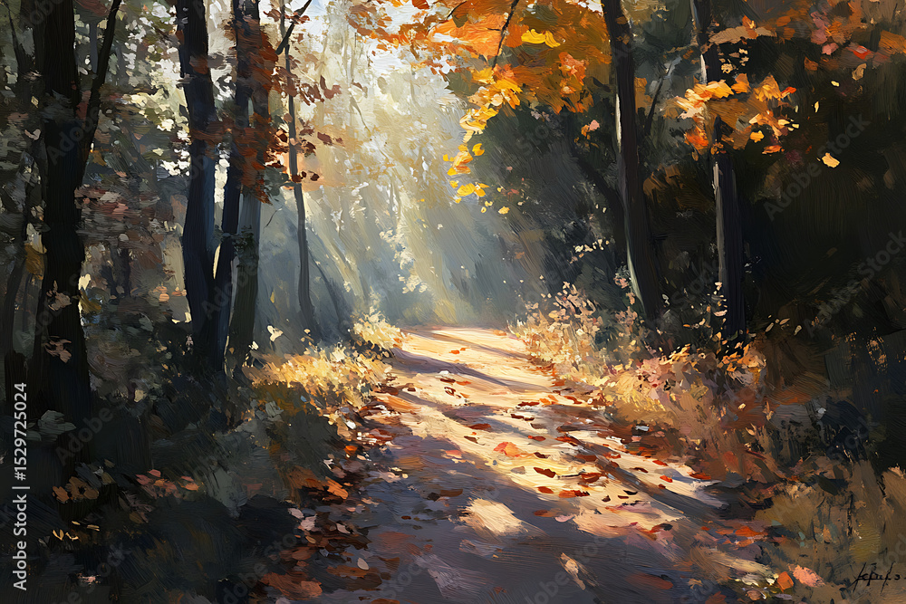Poster a path through an autumn forest with sunlight streaming through the trees and fallen leaves on the g