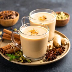 Deux tasses de masala chaï boisson traditionnelle indienne accompagnée de bâtons de cannelle et d'anis étoilé. Generated image