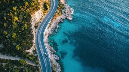Coastal Road Aerial View with Car