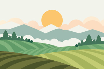 Obraz premium Watercolor landscape of quiet tea fields with foggy background