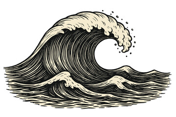 Ocean wave vector illustration in Japanese woodcut style. Big sea storm vintage print. Powerful surf hand drawn in retro engraving linocut art. Monochrome tidal wave concept.