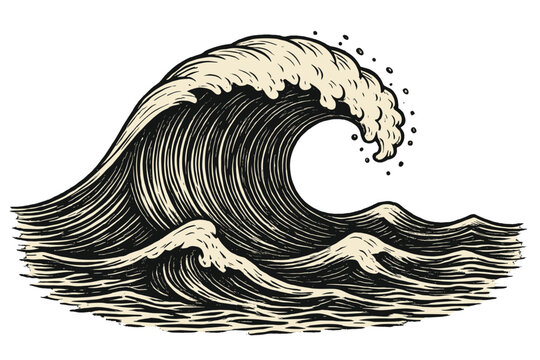 Ocean wave vector illustration in Japanese woodcut style. Big sea storm vintage print. Powerful surf hand drawn in retro engraving linocut art. Monochrome tidal wave concept.
