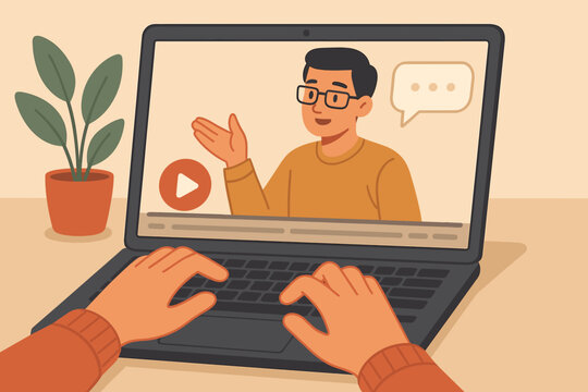 Online learning and e-learning concept with person watching a video tutorial on laptop. Man teaching in a webinar or virtual class. Distance education and remote work technology.