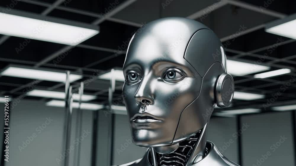 Poster close-up of a humanoid robot face in a modern technological interior with bright lighting - ai and r