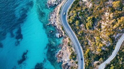 Coastal Road Aerial View with Turquoise Water and Green Trees
