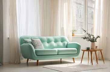 Modern living room interior design with mint sofa and sheer curtains home decor ideas inspiration