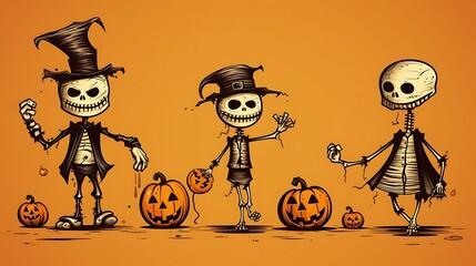 Halloween skeletons and pumpkins vector illustration for spooky season halloween party invitation designs