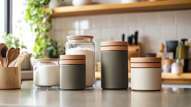 Kitchen Canisters in a Contemporary Kitchen: A set of elegant kitchen canisters of varying sizes are arranged on a sleek countertop in a contemporary kitchen setting. - Powered by Adobe