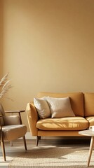 Warm minimalist living room interior with mustard yellow leather sofa, elegant armchair, and soft natural textures creating a serene and sophisticated home decor aesthetic