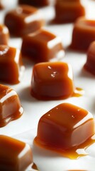 Deliciously rich caramel cubes glisten with a luscious sheen, showcasing their irresistible appeal. Perfect for desserts, candy making, and gourmet treats. Indulge in this sweet temptation!