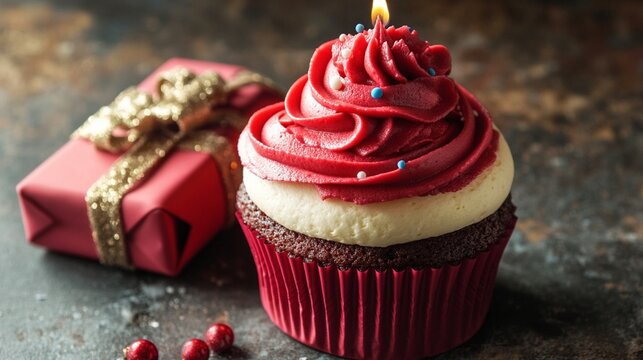 Decadent red velvet cupcake with rich crimson frosting, adorned with a single birthday candle, nestled beside an elegantly wrapped gift on a rustic dark background