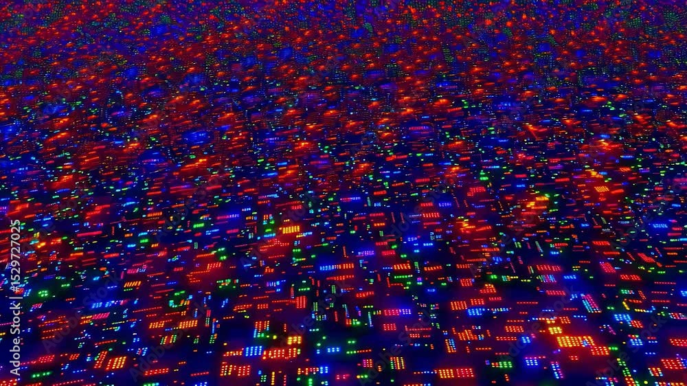 Poster dynamic futuristic cyber background with vibrant digital squares and glowing lights in dark blue ton