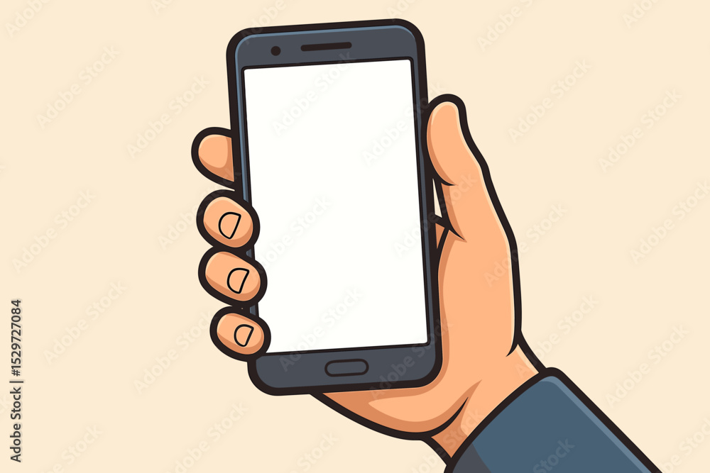 Poster hand holding smartphone with blank white screen. mobile phone mockup for business or app display. ca