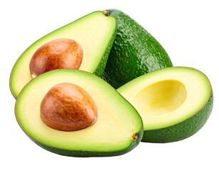 Fresh avocado cut, seeds visible, deep green color, smooth texture, PNG
