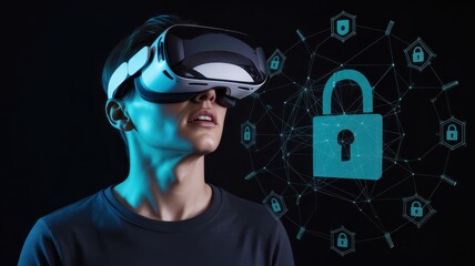 Person wearing virtual reality headset focused on a digital security concept.
