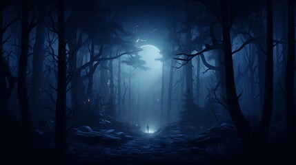 Dark forest landscape wallpaper background image with silhouette figure and moonlit path scenery art