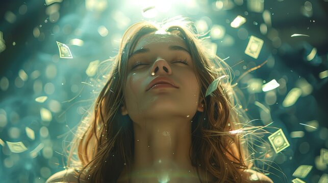 An ethereal portrait of a serene woman submerged in light with dollar bills floating around her, symbolizing wealth and tranquility while conveying a sense of dreaminess and peace.